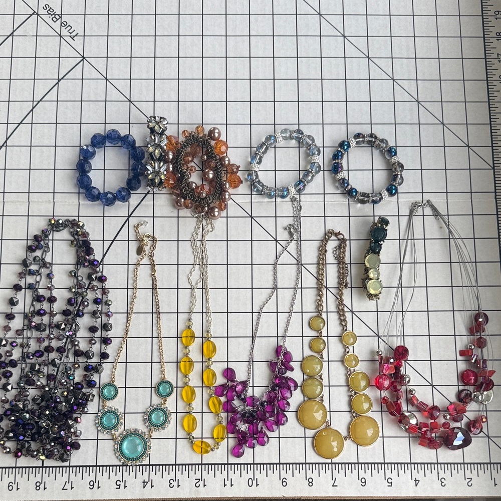 Lot of 12 Statement Necklaces and Stretch Bracelets – Bold Costume Jewelry Set